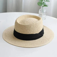 Chapeau de Paille Style Canotier – Bord Plat et Ruban