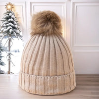 Bonnet Femme en Maille Classique avec Pompon - Glacie