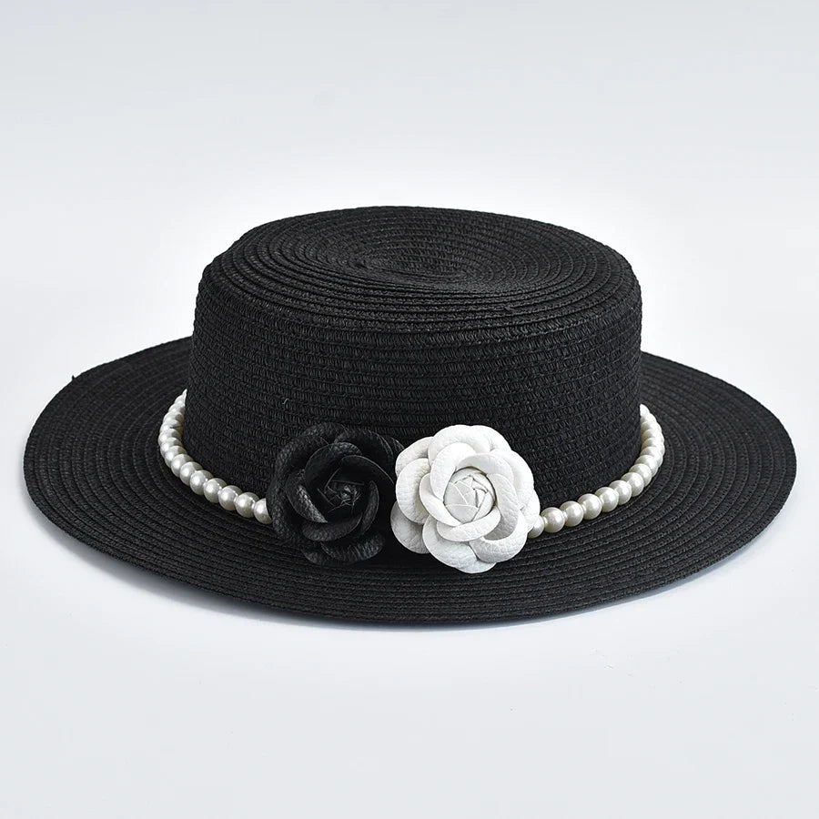 Chapeau de Paille Femme – Fleurs Décoratives et Perles