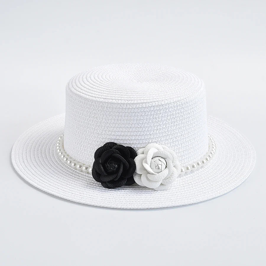 Chapeau de Paille Femme – Fleurs Décoratives et Perles